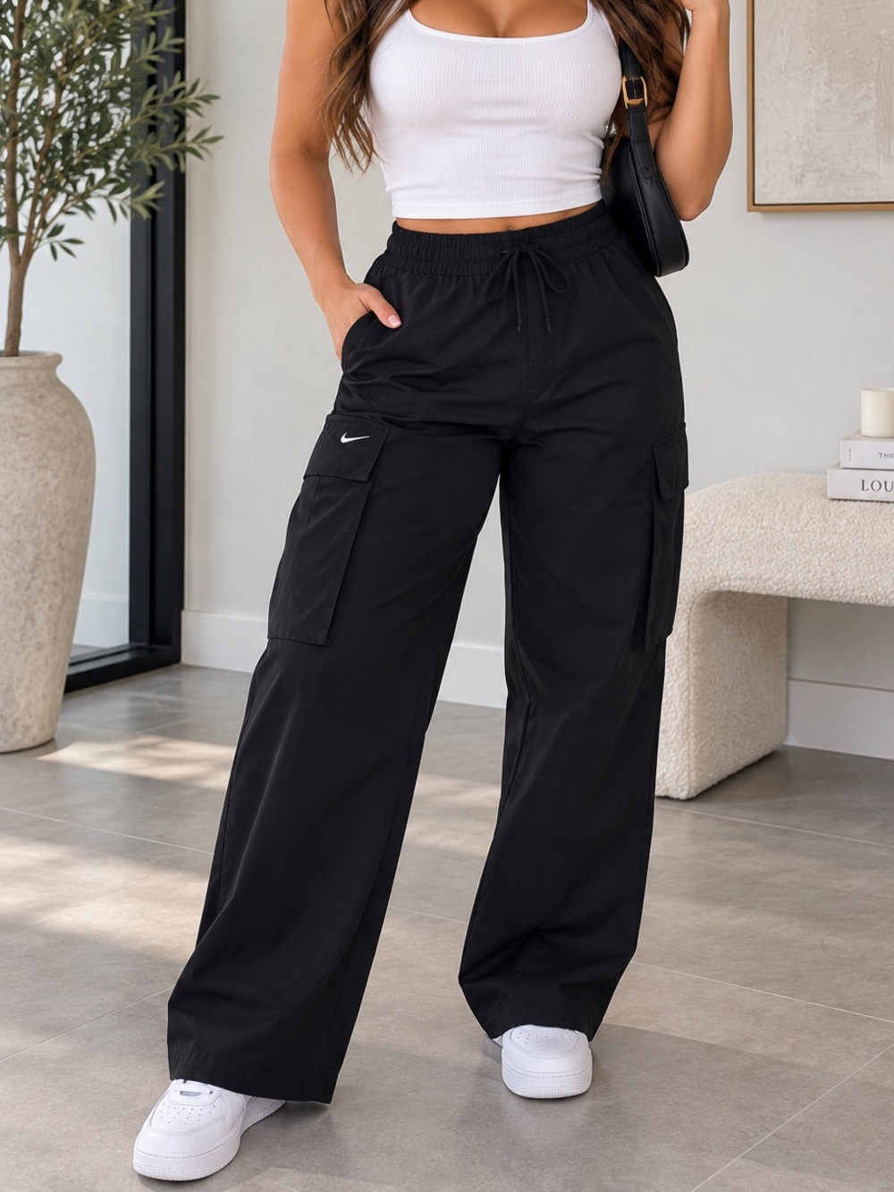 Nike Black Wide-Leg Cargo Pants with Drawstring Waist